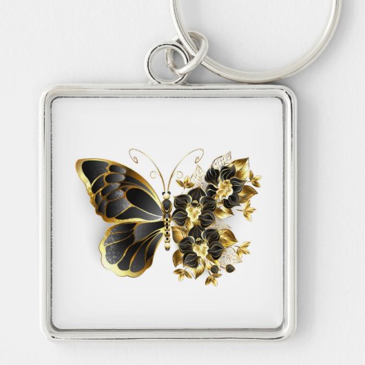 Gold Flower Butterfly met Black Orchid Sleutelhanger (Voorkant)