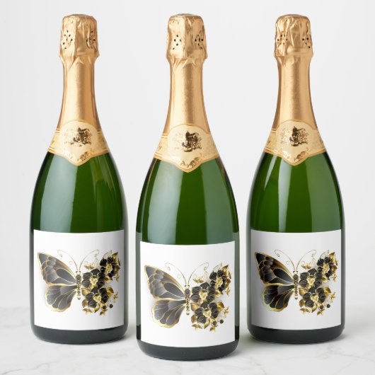Gold Flower Butterfly met Black Orchid Sparkling Wijnetiket (Flessen)