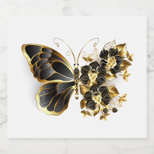 Gold Flower Butterfly met Black Orchid Sparkling Wijnetiket (Enkel label)