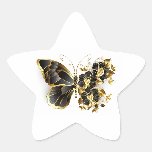 Gold Flower Butterfly met Black Orchid Ster Sticker (Voorkant)