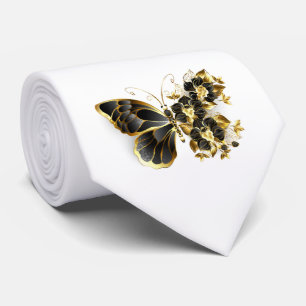 Gold Flower Butterfly met Black Orchid Stropdas