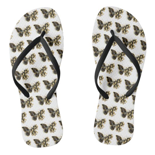 Gold Flower Butterfly met Black Orchid Teenslippers (Voetbed)