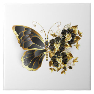 Gold Flower Butterfly met Black Orchid Tegeltje