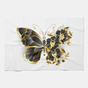 Gold Flower Butterfly met Black Orchid Theedoek