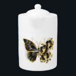 Gold Flower Butterfly met Black Orchid Theepot<br><div class="desc">Goudbloemvlinder met zwarte juwelen,  versierd met goudbladeren op witte achtergrond.</div>