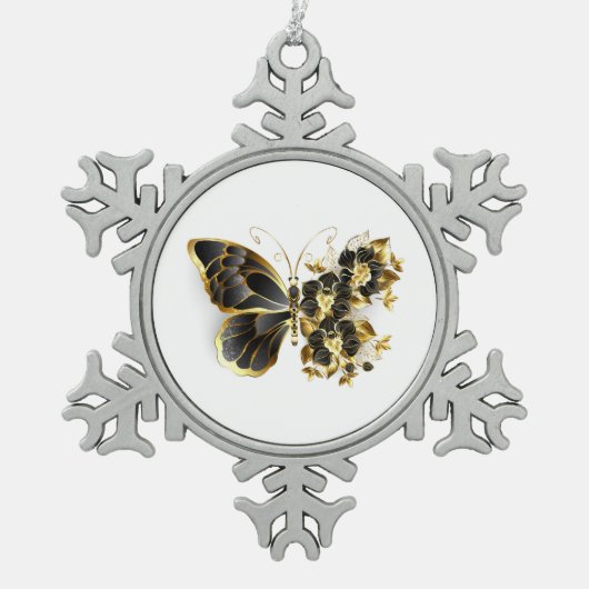 Gold Flower Butterfly met Black Orchid Tin Sneeuwvlok Ornament (Voorkant)