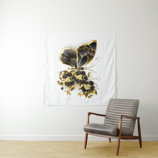 Gold Flower Butterfly met Black Orchid Wandkleed (In Situ (horizontaal))