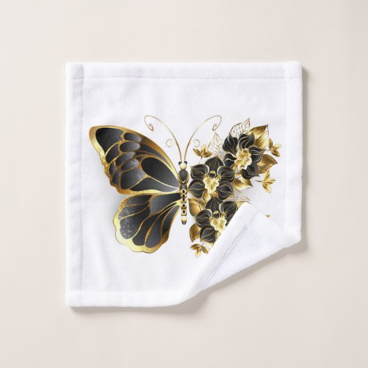 Gold Flower Butterfly met Black Orchid Washandje (Wasdoekje)