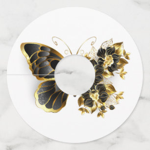 Gold Flower Butterfly met Black Orchid Wijnglaslabel