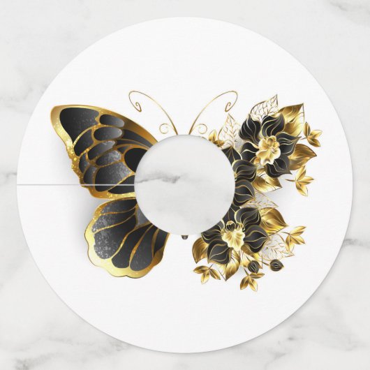 Gold Flower Butterfly met Black Orchid Wijnglaslabel (Voorkant)