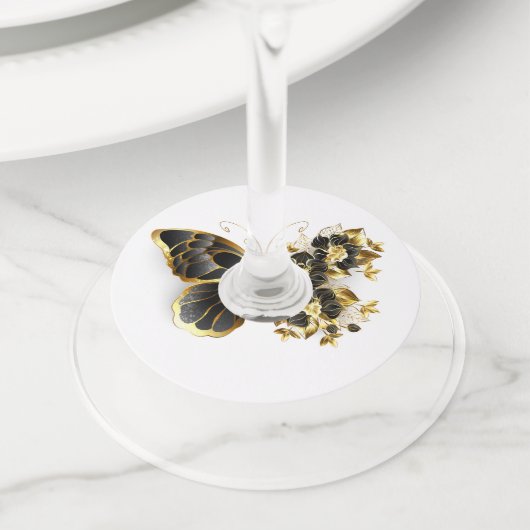 Gold Flower Butterfly met Black Orchid Wijnglaslabel (Dichtbij)