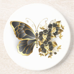 Gold Flower Butterfly met Black Orchid Zandsteen Onderzetter