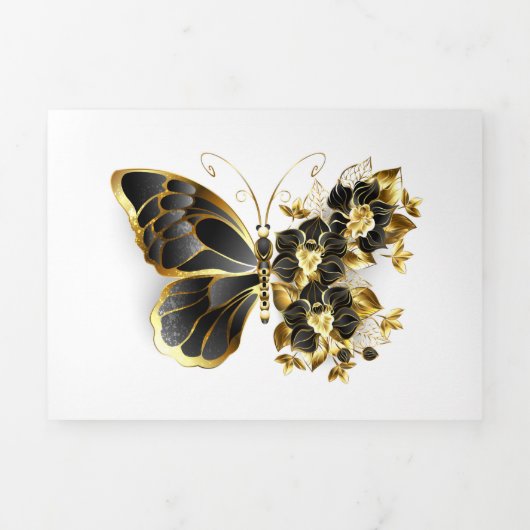 Gold Flower Butterfly with Black Orchid Drieluik Uitnodiging (Cover)