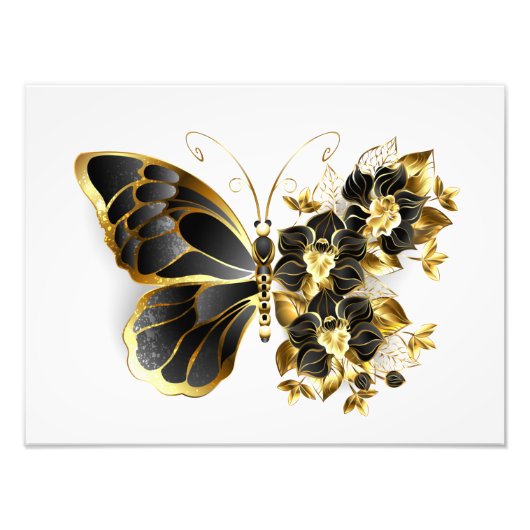 Gold Flower Butterfly with Black Orchid Foto Afdruk (Voorkant)