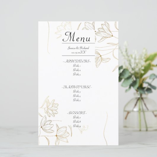 Gold Flower Dinner Menu Kaart (Staand voorkant)