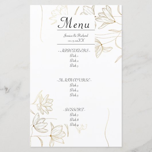 Gold Flower Dinner Menu Kaart (Voorkant)