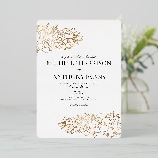 Gold Flower Folie huwelijksuitnodiging Folie Uitnodiging (Staand Voorkant)