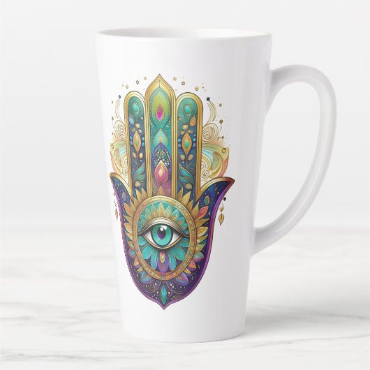 Gold Flower Petals Hamsa Turquoise Third Eye Latte Mok (Rechts)