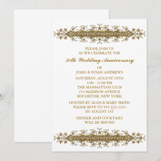 Gold Flower Scroll 50th Jubileum Party Kaart (Voorkant / Achterkant)