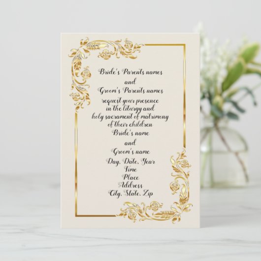Gold Flower Scroll Wedding Invitation Kaart (Staand voorkant)