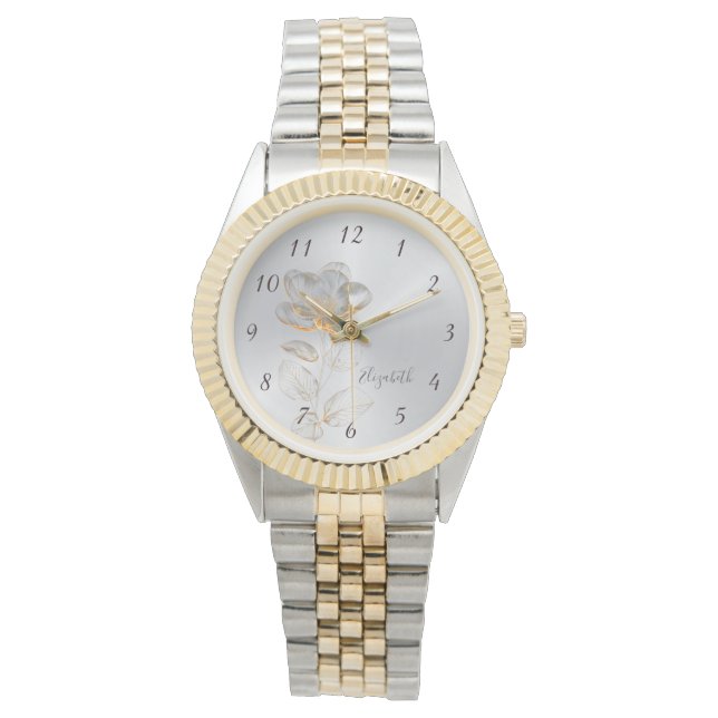 Gold Flower Silver Naam toevoegen Horloge (Voorkant)