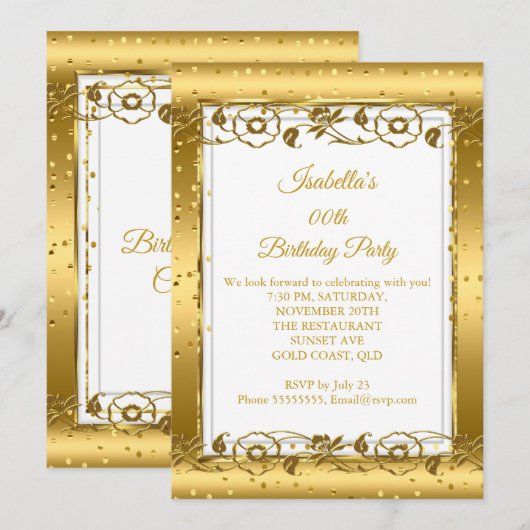 Gold Flower White Glitter Birthday Party Kaart (Voorkant / Achterkant)