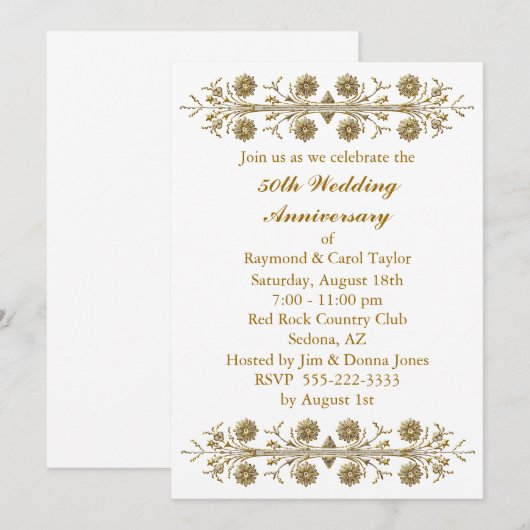 Gold Flowers 50th Wedding Jubileum Kaart (Voorkant / Achterkant)