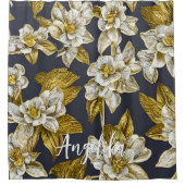 Gold Flowers Black Background Custom Name Douchegordijn (Voorkant)
