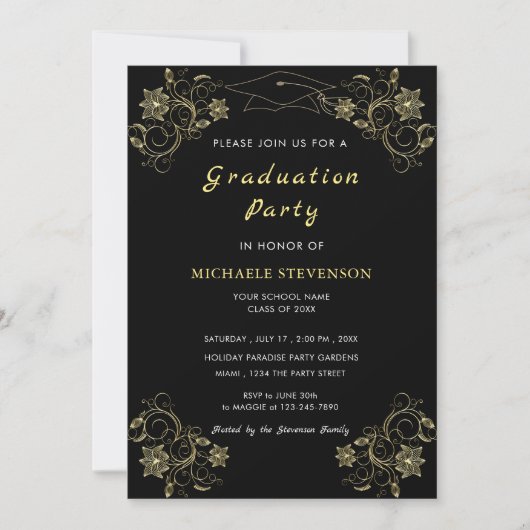 Gold Flowers Black Graduy Party Invitation Pet (Voorkant)
