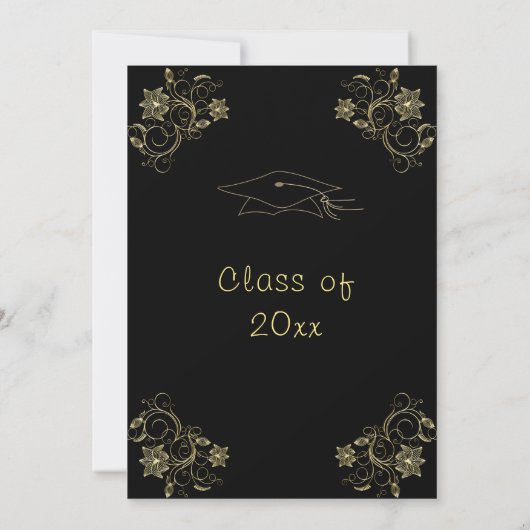 Gold Flowers Black Graduy Party Invitation Pet (Achterkant)