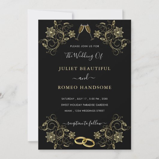 Gold Flowers Black Modern Wedding Invitation (Voorkant)