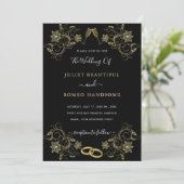 Gold Flowers Black Modern Wedding Invitation (Staand voorkant)