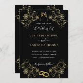 Gold Flowers Black Modern Wedding Invitation (Voorkant / Achterkant)