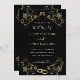 Gold Flowers Black Modern Wedding Invitation