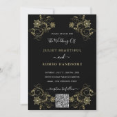 Gold Flowers Black Weduwen Uitnodiging QR Code (Voorkant)