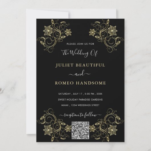 Gold Flowers Black Weduwen Uitnodiging QR Code (Voorkant)