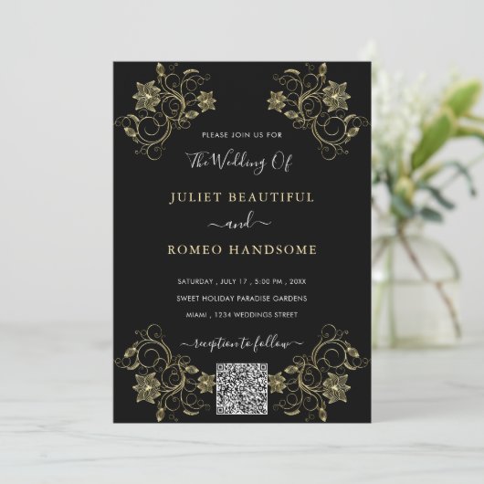 Gold Flowers Black Weduwen Uitnodiging QR Code (Staand voorkant)