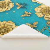 Gold Flowers Blauwgroen achtergrond Aangepaste naa Sherpa Deken (3/4)