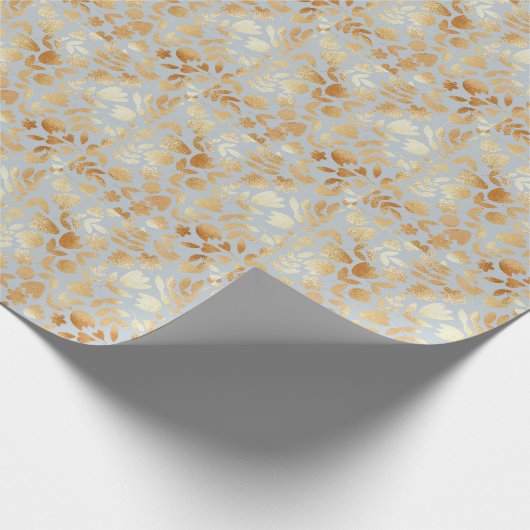 Gold flowers, blue background, foil imitation. cadeaupapier (Hoek)