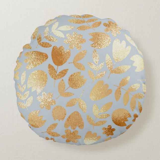 Gold flowers, blue background, foil imitation. rond kussen (Voorkant)