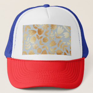 Gold flowers, blue background, foil imitation. trucker pet