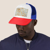 Gold flowers, blue background, foil imitation. trucker pet (In situ)