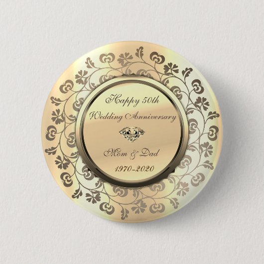 Gold Flowers Diamond 50th Wedding Jubileum Ronde Button 5,7 Cm (Voorkant)