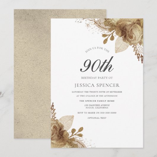Gold Flowers Elegant 90th Birthday Party Invite Kaart (Voorkant / Achterkant)