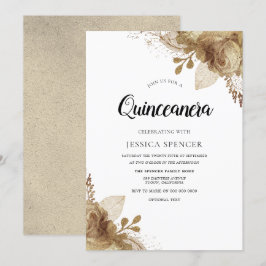 Gold Flowers Elegant Quinceanera Party Invite Kaart