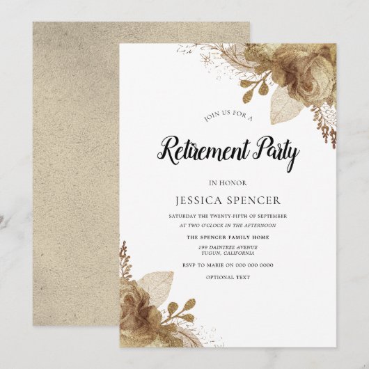 Gold Flowers Elegant Retirement Party Invite Kaart (Voorkant / Achterkant)