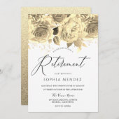 Gold Flowers Elegant Script Retirement Party Kaart (Voorkant / Achterkant)