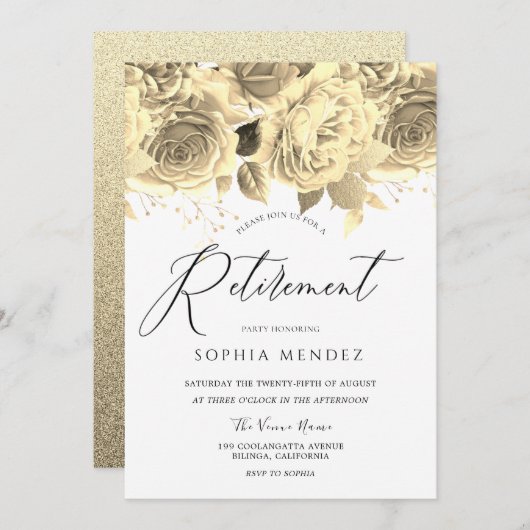 Gold Flowers Elegant Script Retirement Party Kaart (Voorkant / Achterkant)