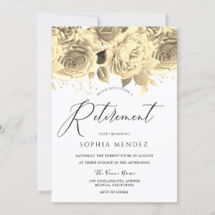 Gold Flowers Elegant Script Retirement Party Kaart