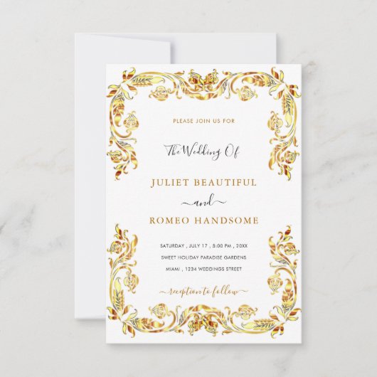 Gold Flowers Framed Wedding Invitation Sjabloon Kaart (Voorkant)